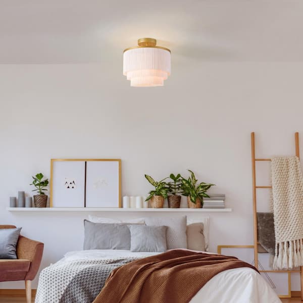 12 in. 1-Light Matte Gold Semi-Flush Mount Ceiling Light with White Fabric Fringe Shade
