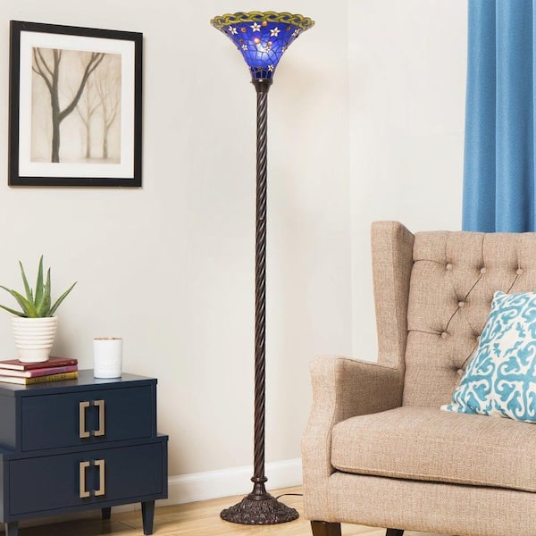 72 in. Antique Bronze Blue Star Stained Glass Floor Lamp with Foot Switch