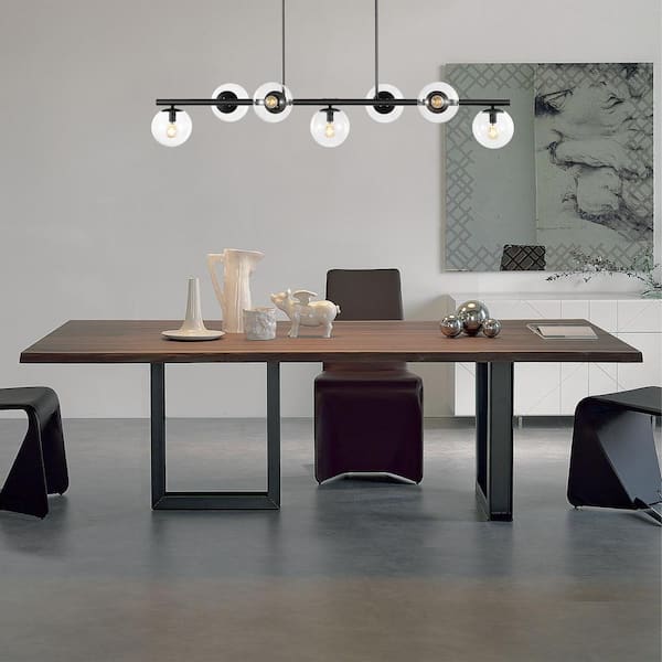 Luca Parisian 53 in. 7-Light Black/Clear Modern Glam Iron Globe Linear LED Pendant Light, Black