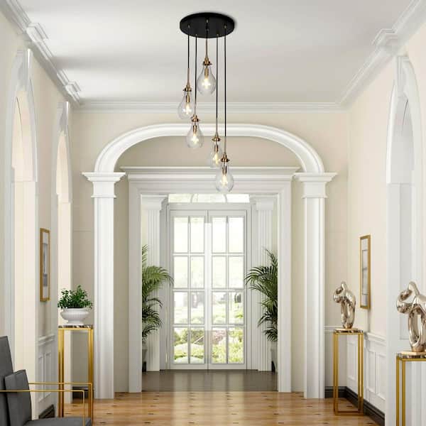 Modern Dining Room Cluster Chandelier 5-Light Black and Brass Teardrop Chandelier with Clear Glass Shades