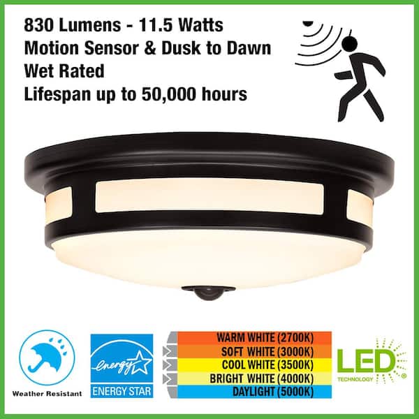 11 in. Round Black Exterior Outdoor Motion Sensing  LED Ceiling Light 5 Color Temperature Options Wet Rated 830 Lumens
