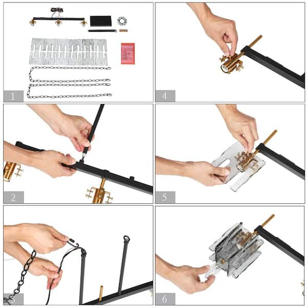 Echonalyri Modern Island 3-Light Glam Matte Black and Plating Brass Chandelier with Geometric Textured Glass Shades