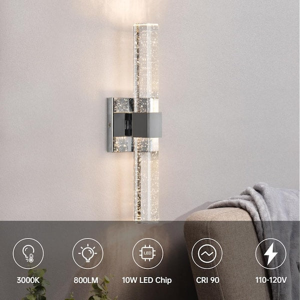 15.7 in. 1-Light Chrome Dimmable Sconce Wall Lighting with Crystal Bubble Glass Shade