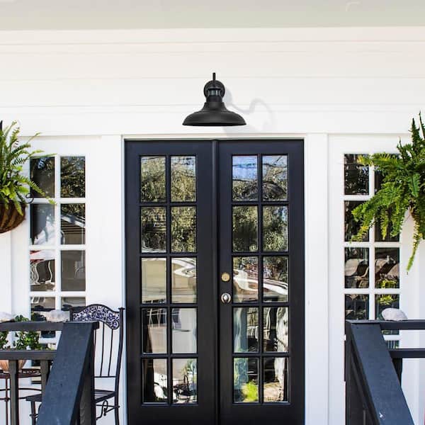 1-Light Matte Black Motion Sensing Dusk to Dawn Gooseneck Outdoor Wall Lantern Sconce (2-Pack)