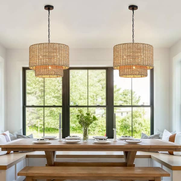 Seymour 20 in. 4-Light Black Canopy Natural Rattan Tiered Drum Pendant Chandelier Light