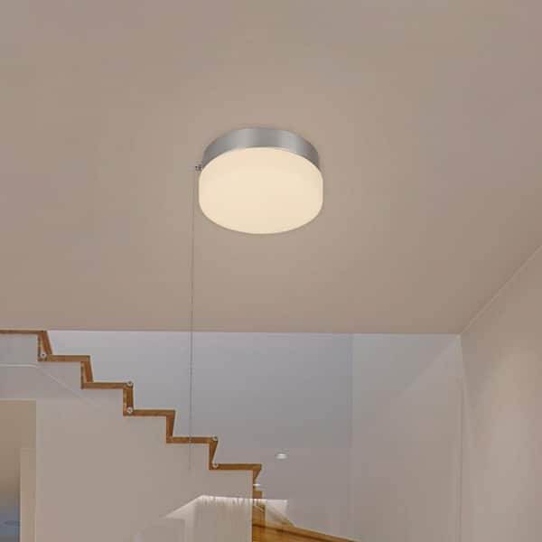 Hanafin 9 in. Light Brushed Nickel Adjustable CCT Integrated LED Flush Mount with Glass Shade and Pull Chain