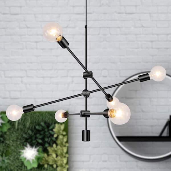 6-Light Black Modern Sputnik Chandelier Hanging Pendant Light Fixture for Dining Room Bedroom Living Room Kitchen Foyer