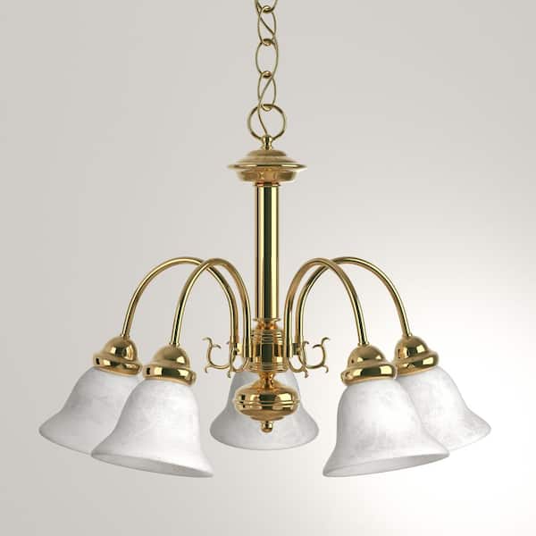 5-Light Polished Brass Chandelier with Alabaster Glass
