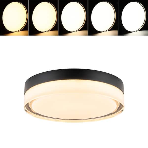 Geren 8.8 in. 23.5-Watt Modern Round Matte Black Integrated LED Flush Mount Light with Frosted Clear Glass Shade