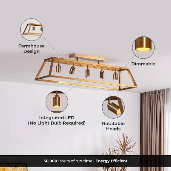 Shura Cage 48 in. 5-Light Integrated LED Farmhouse Flush Mount Light, Directional Spot with Dimmable - Brushed Brass
