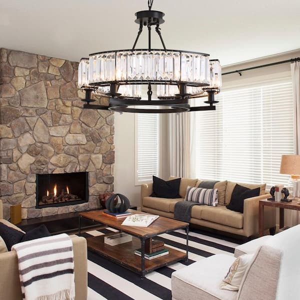 6-Light Black Modern Crystal Chandelier Drum Island Adjustable Hangding Semi Flush Mount Ceiling Light