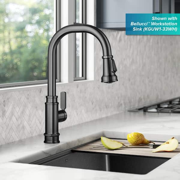 Allyn Transitional Industrial Pull-Down Single Handle Kitchen Faucet in Spot-Free Black Stainless Steel