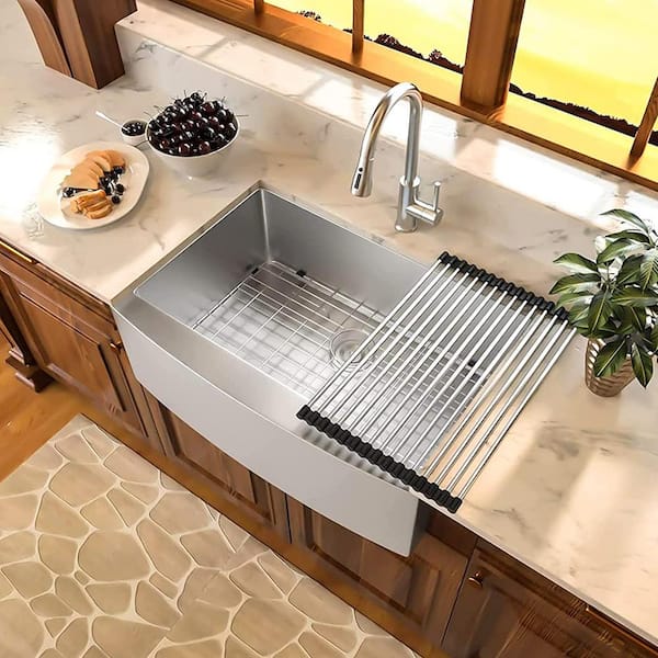 Brushed Nickel 16 Gauge Stainless Steel 33 in. Single Bowl Farmhouse Apron Kitchen Sink with Bottom Grid