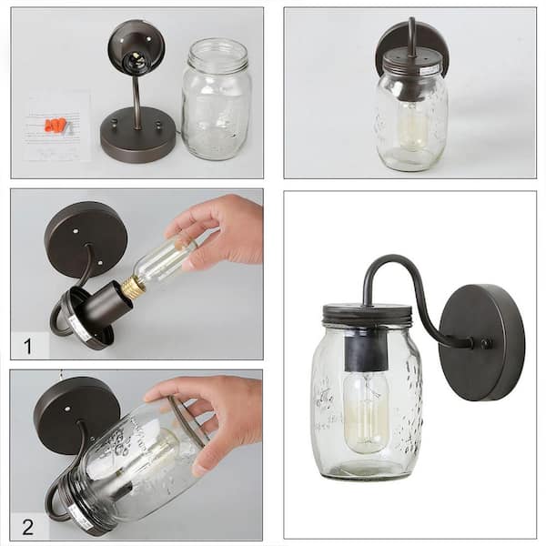Modern Farmhouse 1-Light Oil-Rubbed Bronze Wall Sconce with Classic Mason Jar Glass Shade Rustic Bath Wall Light