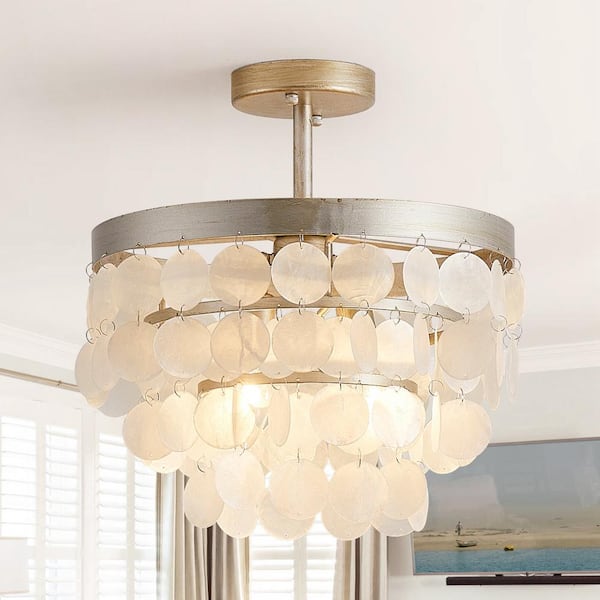 14.5 in. 2-Light Bohemia Antique Nickel Semi-Flush Mount Ceiling Light Fixture with Tiered Shells and No Bulb Included