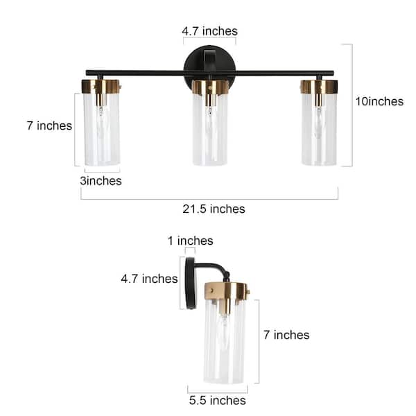 21.5 in. Modern 3-Light Black Bathroom Vanity Light, Cylinder Brass Gold Bath Lighting with Clear Glass Shade
