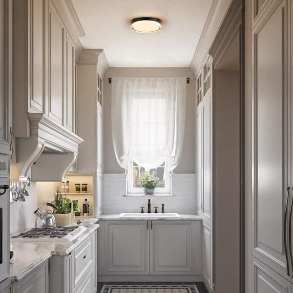 Geren 8.8 in. 23.5-Watt Modern Round Matte Black Integrated LED Flush Mount Light with Frosted Clear Glass Shade