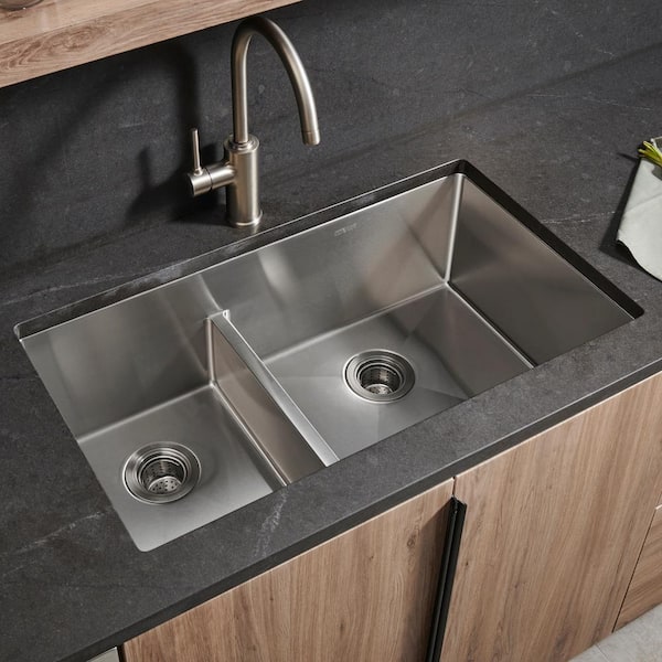 Urbana 16 Gauge Stainless Steel 33 in 40/60 Double BowlLow-Divide Undermount Rounded Corners Kitchen Sink