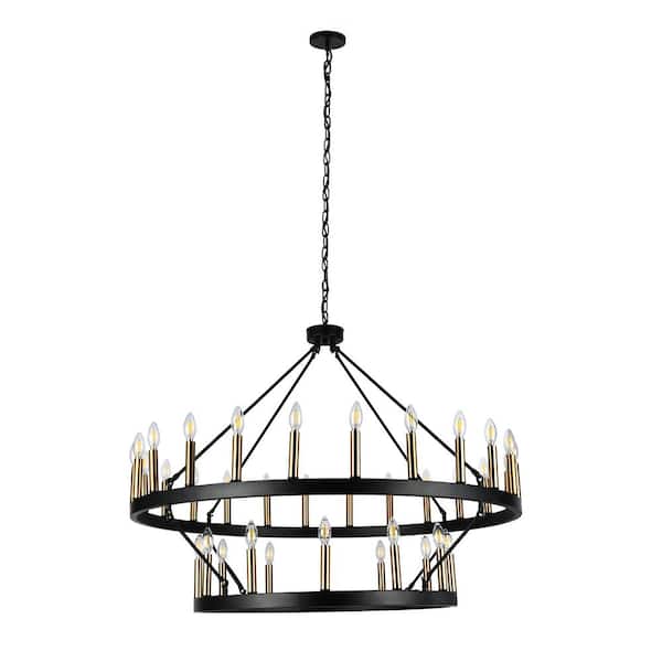 36-Light Black 2-Tiers Candle Style Wagon Wheel Chandelier