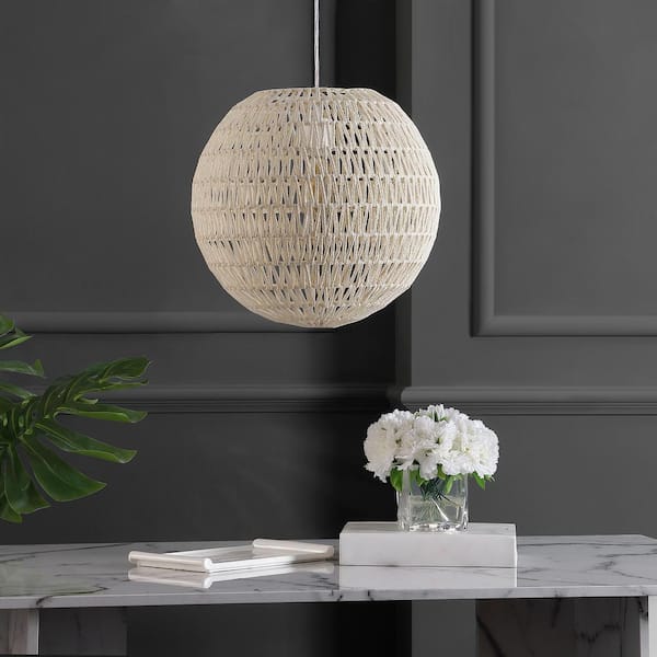 Luna 15.75 in. 1-Light Cream Bohemian Modern Woven Rattan/Iron LED Pendant, White