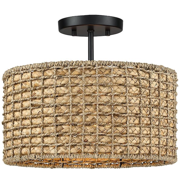 Elis 13.6 in. 2-Light Natural Rattan Semi-Flush Mount Ceiling Light with Black Canopy