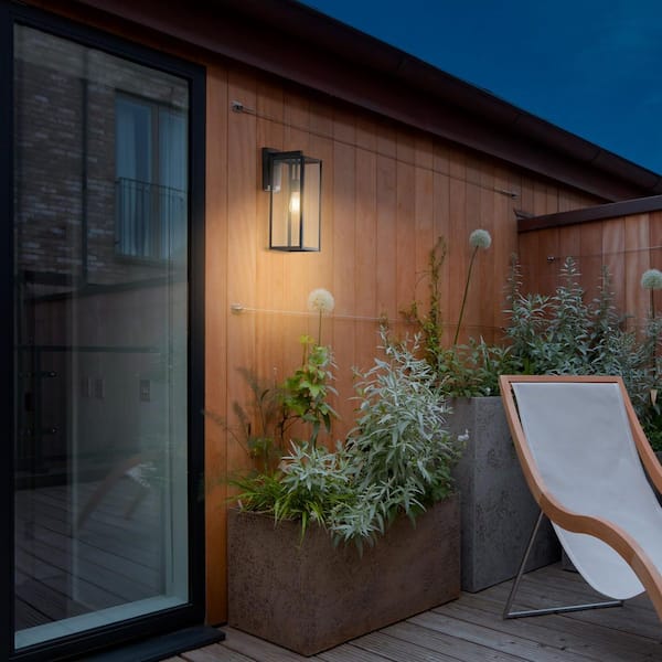 Hurley 19.25 in. Matte Black Farmhouse Outdoor 1-Light Wall Sconce with Clear Glass Shade