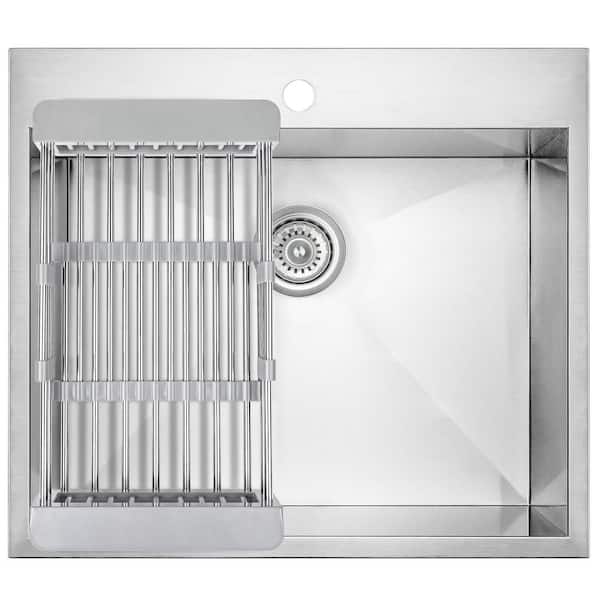 Handmade Drop-in Stainless Steel 25 in. x 22 in. Single Bowl Kitchen Sink with Drying Rack