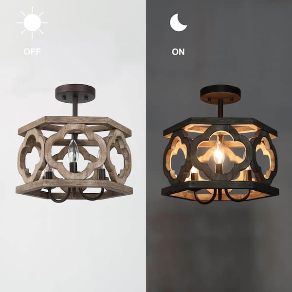 Farmhouse Antique Wood Drum Semi-Flush Mount 3-Light Rustic Kitchen Island Ceiling Lamp with Rusty Bronze Candle Holders