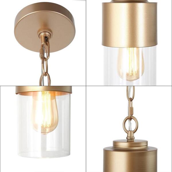 Mid-Century Cylinder Kitchen Island Hanging Pendant Light 1-Light Brass Gold Modern Pendant Light with Clear Glass Shade