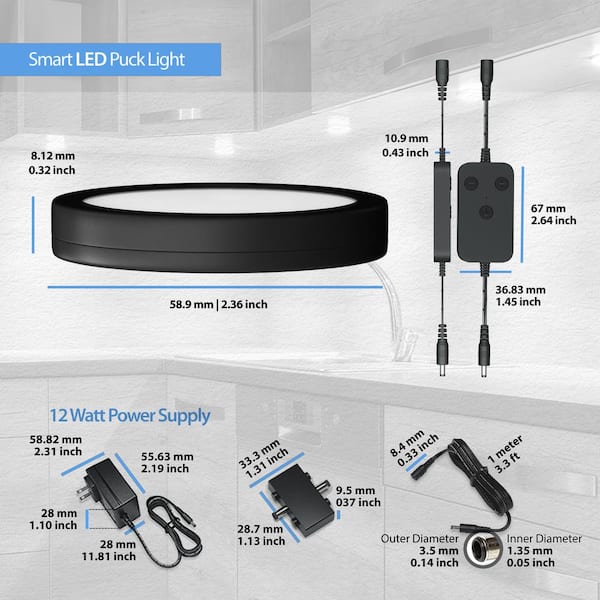 6 Pack Black Smart Dimmable LED Puck Lights Compatible with Alexa, Google - Warm White (3000K)