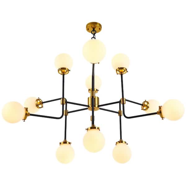 12-Light Black and Gold Modern Sputnik Chandelier with Opaline Shades