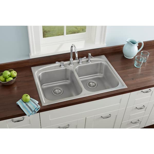Pergola 34 in Drop in Double Bowl 20 Gauge Stainless Steel Kitchen Sink with 4-Holes