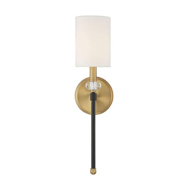 Tivoli 5 in. W x 19 in. H 1-Light Matte Black/Warm Brass Wall Sconce with Faceted Crystal Bauble and White Fabric Shade