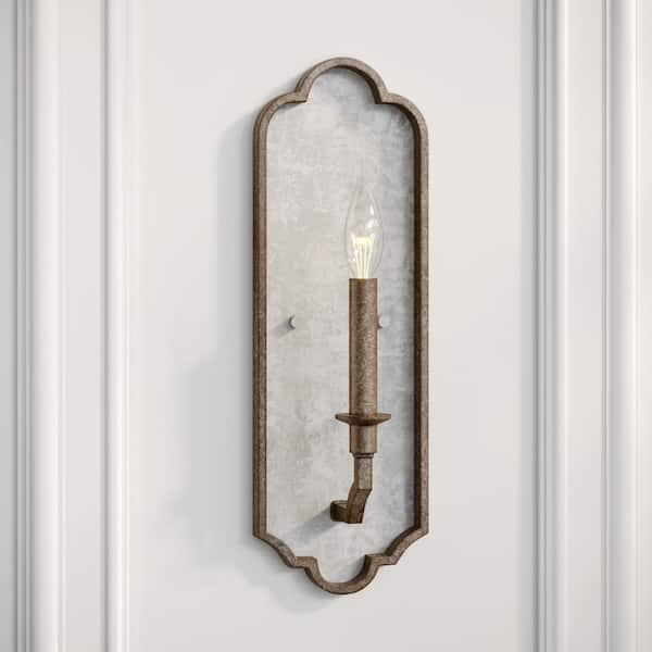 Spruce 5.5 in. W Decorative Distressed White Wood Finish Metal Sconce with Weathered Iron Bronze Accents