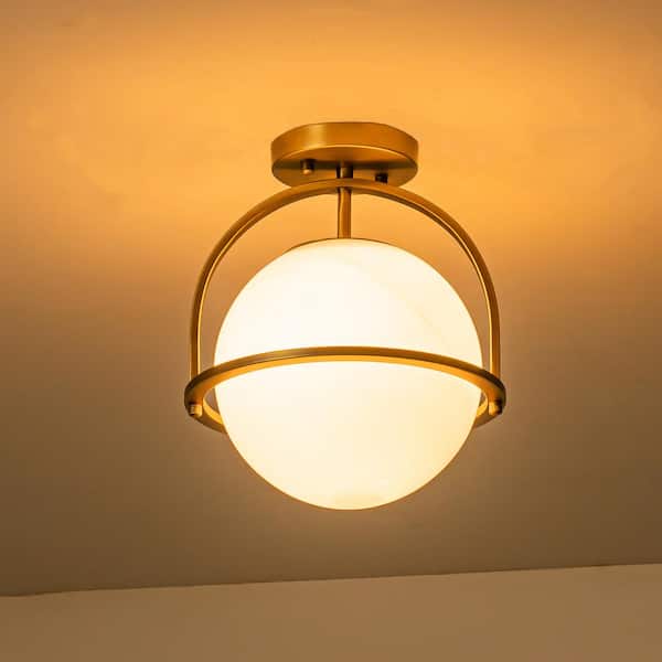 10.25 in. 1-Light Antique Brass Sphere Modern Semi Flush Mount with Opal Glass Shade and No Bulbs Included