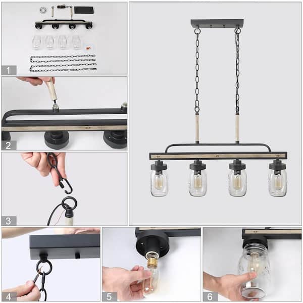 Modern Farmhouse Greyish Black 4-Light Linear Chandelier with Faux Wood Accent Island Pendant with Mason Jar Glass Shade