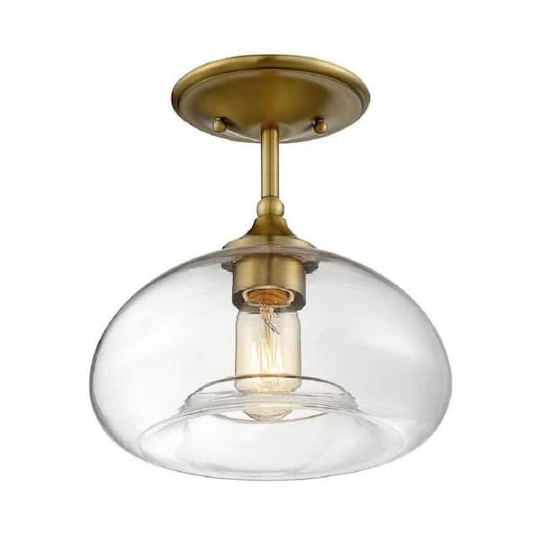 Meridian 10.75 in. W x 10.5 in. H 1-Light Natural Brass Semi-Flush Mount Ceiling Light with Clear Glass Shade