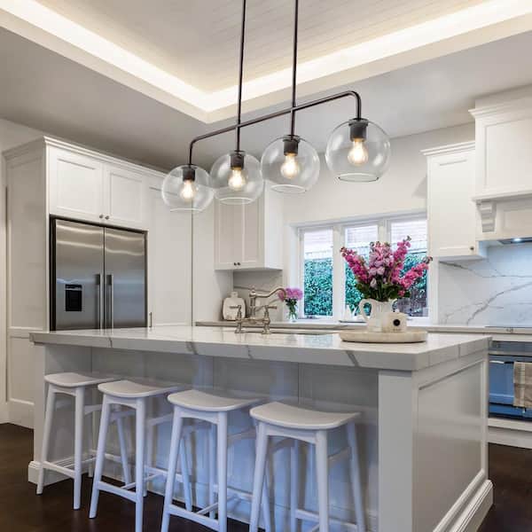 Friedlander 4-Light Rusted Bronze Island Chandelier with Clear Glass Shades, Modern Linear Kitchen Pendant Light