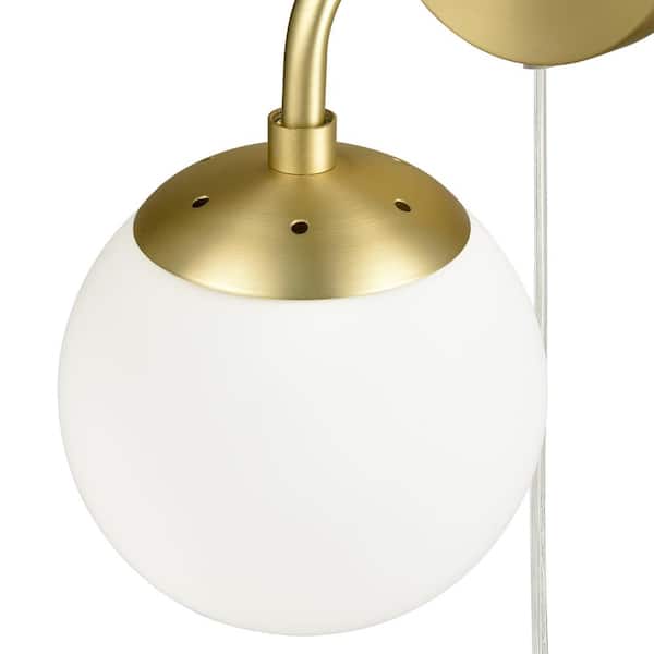 Greta 4.75 in. Brushed Brass/White Globe Plug-In Wall Sconce with Glass Shade