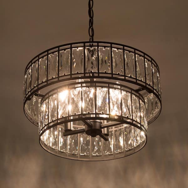 Cristallo Modern Dining Room Island Candlestick Chandelier 4-Light Black Drum Pendant with 2-Tier Clear Crystal Shade