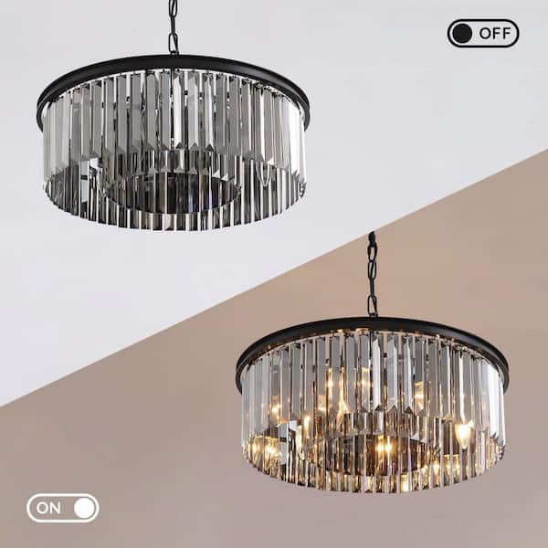 22 in. 6-Light Black Farmhouse Pendant Light Fixtures Crystal Drum Chandelier Dining Room Pendant Lighting