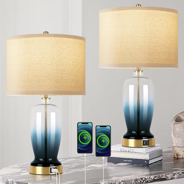 23 in.  Modern Blue Glass Touch Table Lamps Set of 2 with USB Port, 3 Way Dimmable Nightstand Lamps(2 Bulbs Include)