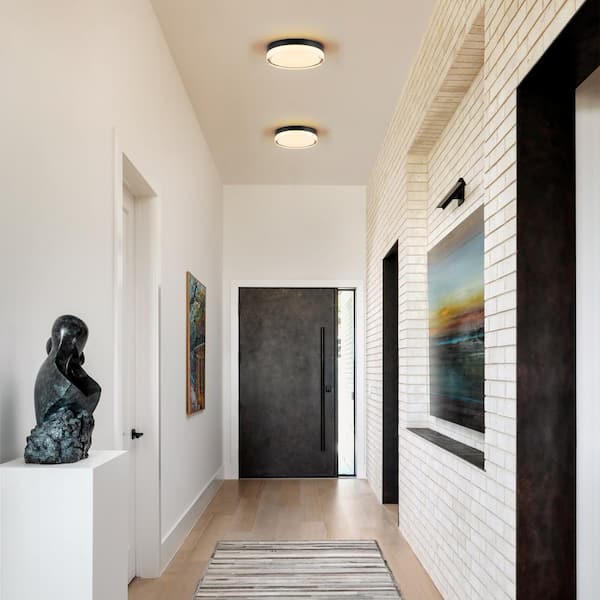 Geren 8.8 in. 23.5-Watt Modern Round Matte Black Integrated LED Flush Mount Light with Frosted Clear Glass Shade