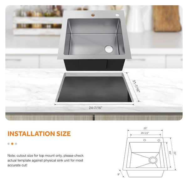 AIO Dolancourt 25 in. Drop-in/Undermount Single Bowl 18 Gauge Stainless Steel Kitchen Sink with Pull-Down Faucet