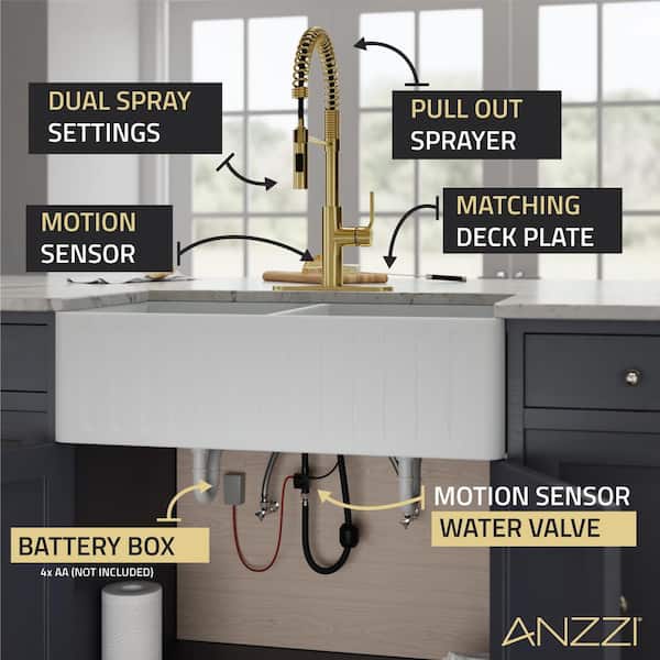 Ola Hands Free Touchless 1-Handle Pull-Down Sprayer Kitchen Faucet with Motion Sense and Fan Sprayer in Brushed Gold
