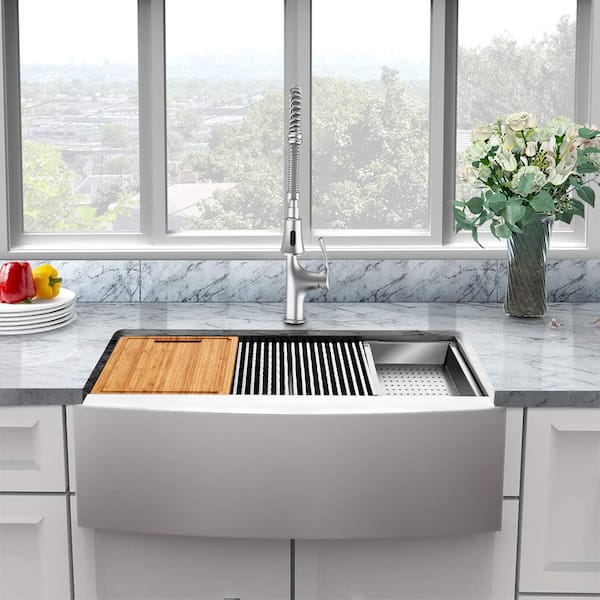 Zero Radius Farmhouse Apron-Front 18G Stainless Steel 30 in. Single Bowl Workstation Kitchen Sink with Accessories