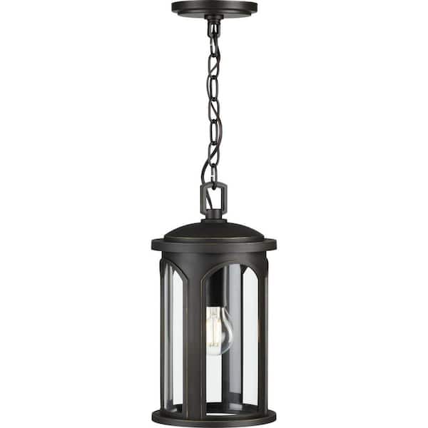 Gables Collection 1-Light Antique Bronze and Clear Glass Transitional Style Outdoor Hanging Pendant with DURASHIELD