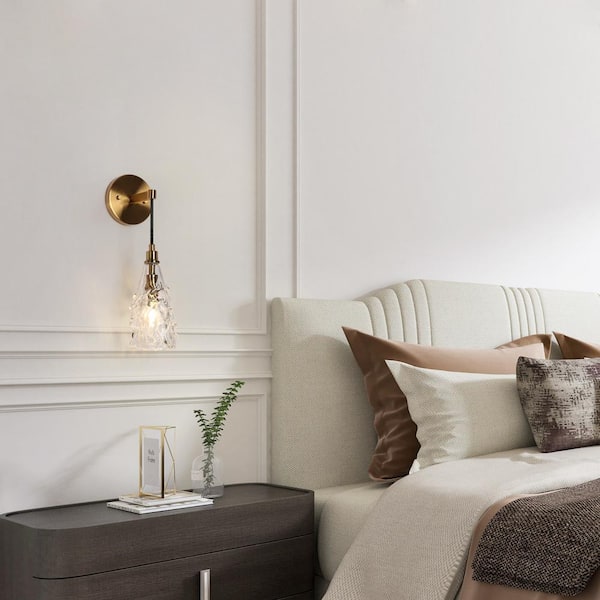 Transitional Bathroom Bell Wall Sconce 1-Light Plating Brass Bedroom Wall Light with Crystal Shade