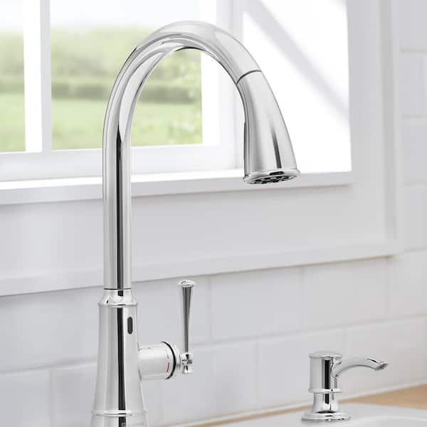 Hemming 1-Handle Touchless Pull Down Sprayer Kitchen Faucet with TurboSpray, FastMount and Soap Dispenser in Chrome