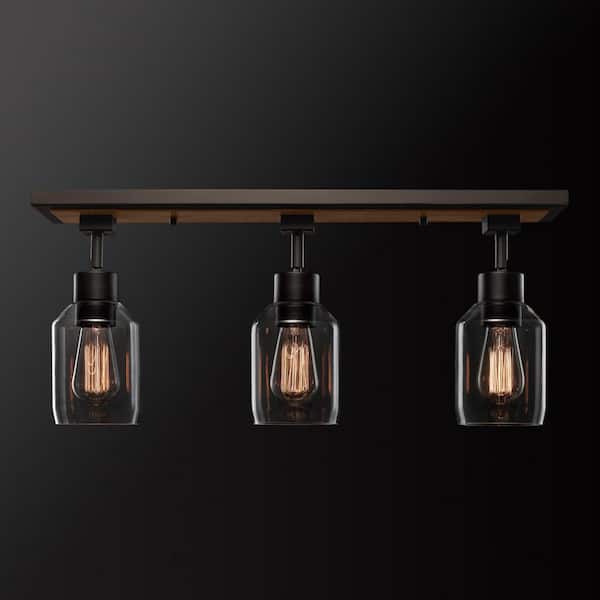 Griffith 25 in. 3-Light Faux Wood and Matte Black Track Lighting with Clear Glass Shades